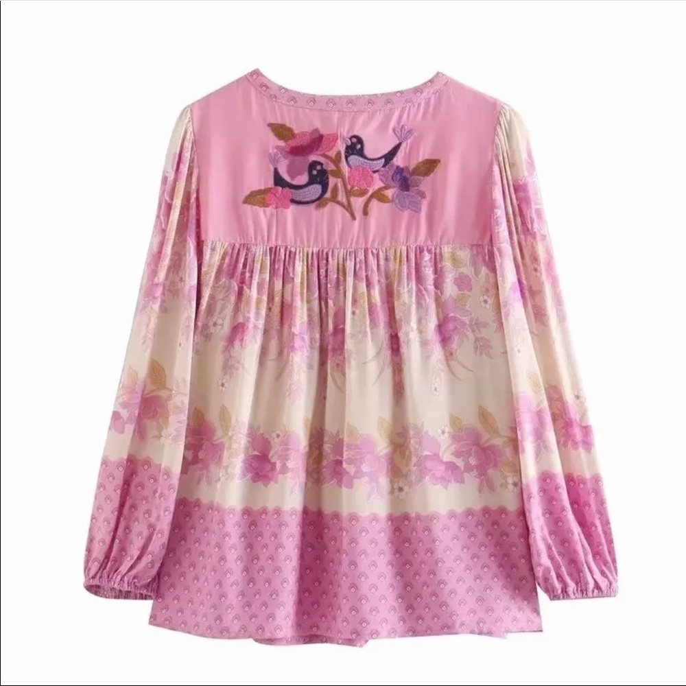 Boho Gypsy Coco Lei Peasant Tunic Blouse Floral top ties embroidered free spirit